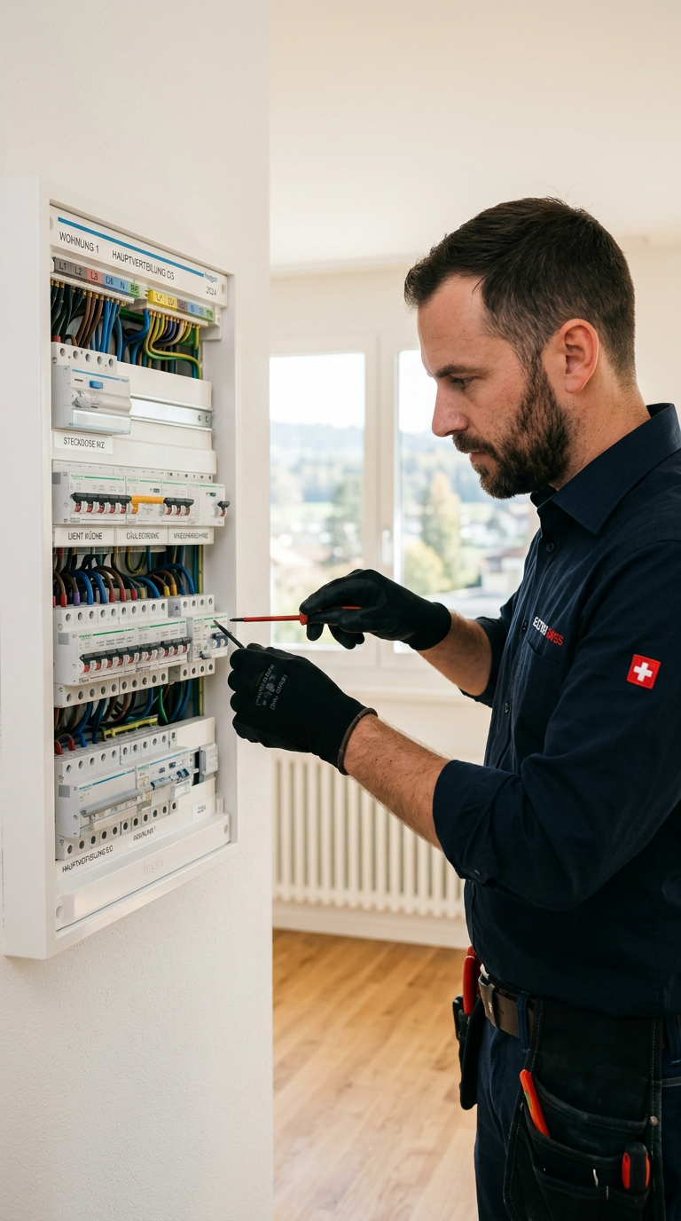 Électricien travaillant sur un tableau électrique moderne et bien étiqueté