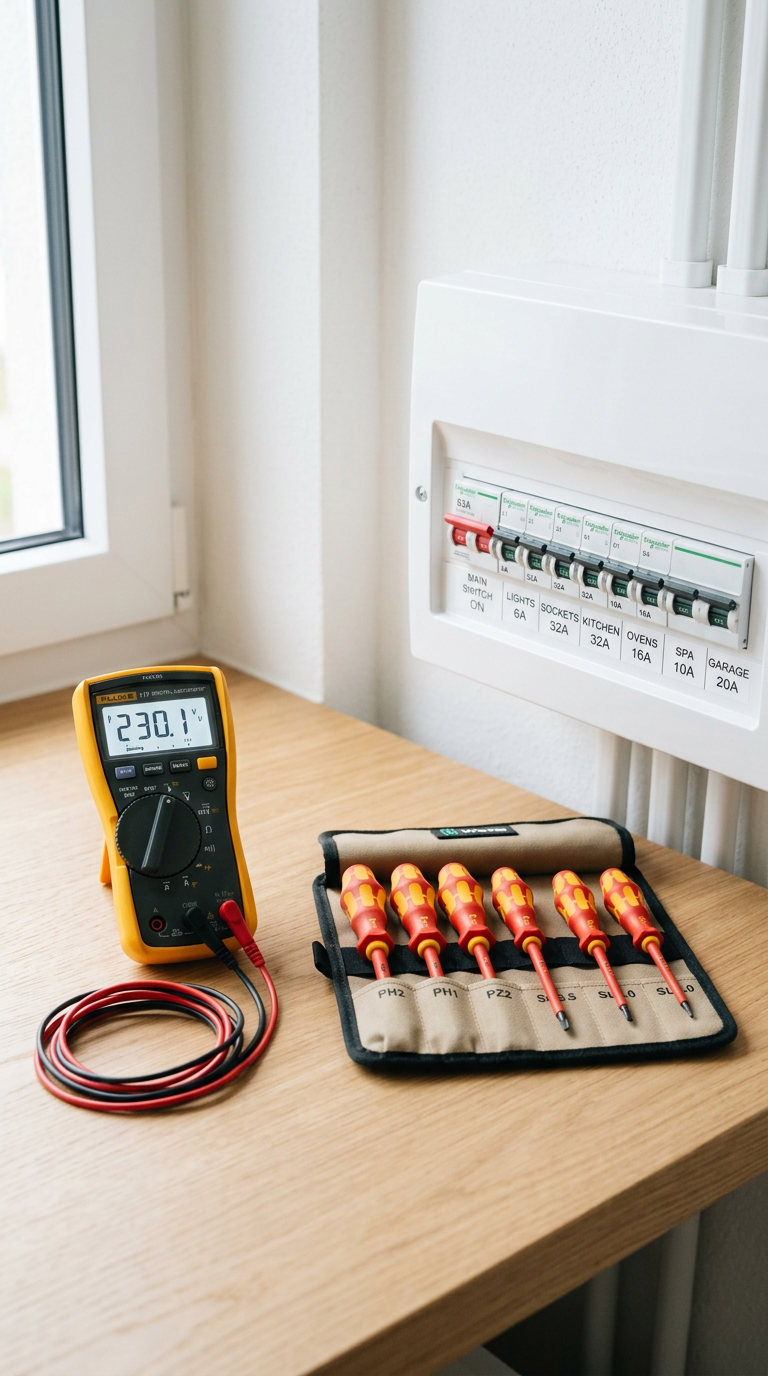 Multimètre et tournevis isolés posés sur un plan de travail propre, devant un tableau électrique étiqueté