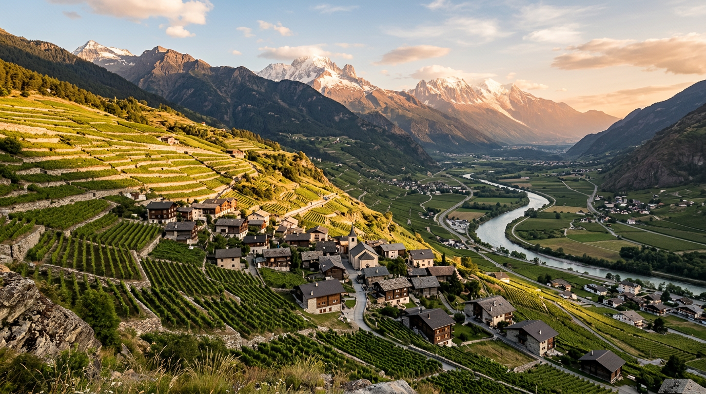 Vignobles en terrasses et Alpes du Valais central